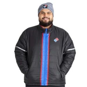Domino’s Gear Black w Red Blue Stripes, Reflective Safety Stripes Puffer Jacket